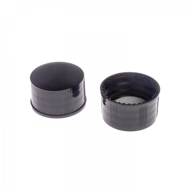 Black plastic cap suitable for bottles with a neck diameter of 18 mm (volume 5 - 100 ml). It is a simple cap without a safety ring or internal plastic dropper.
