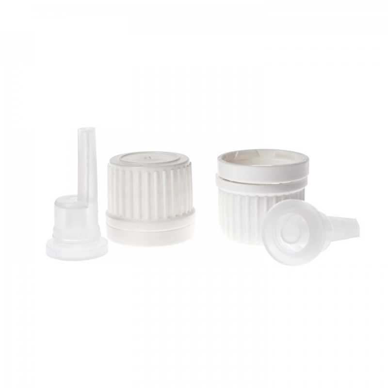 Plastic dropper for glass vials, 18 mm, long. Placedin the neck of the bottle.White plastic cap, suitable for bottle with neck diameter 18 mm. The cap has a saf