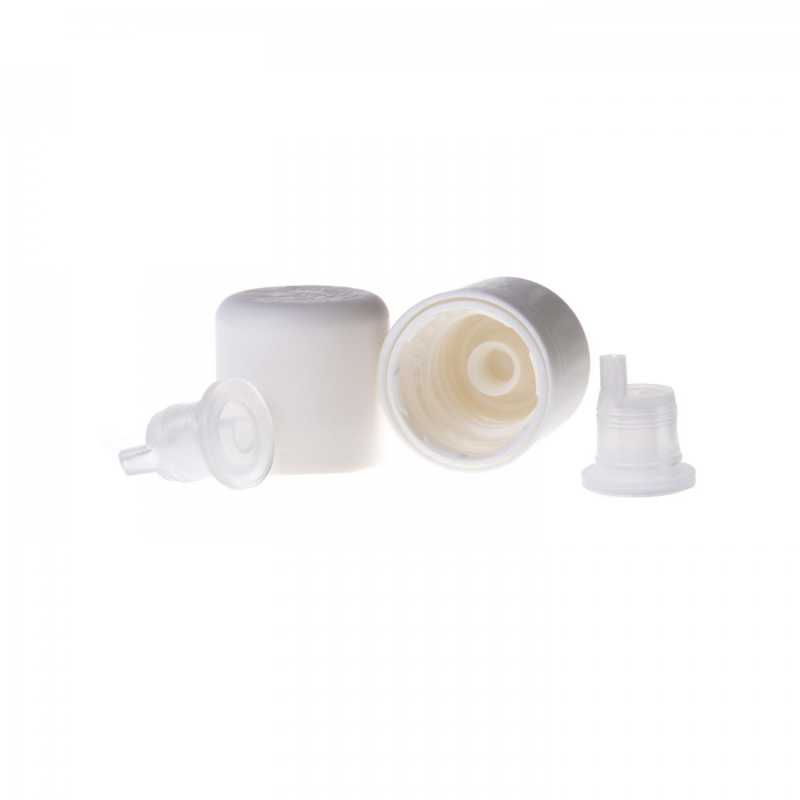 Plastic dropper for glass vials, 18 mm, short. Placed in the neck of the bottle.
 White plastic safety cap, suitable for bottle with neck diameter 18 mm. The c