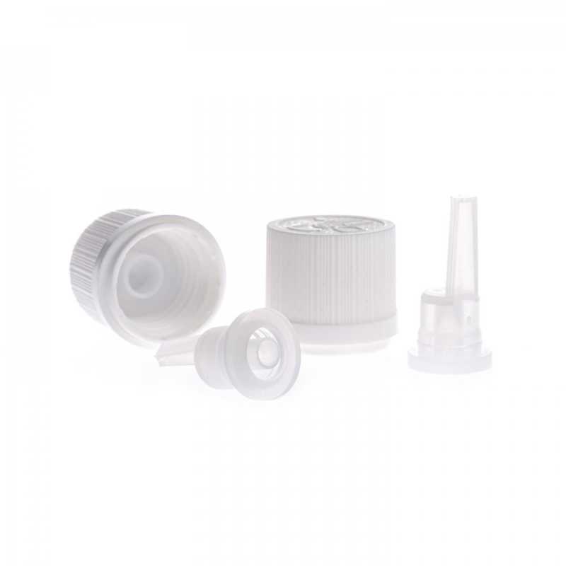Plastic dropper for glass vials, 18 mm, long. Placedin the neck of the bottle.White plastic cap with safety lock suitable for bottle with neck diameter 18 mm. T