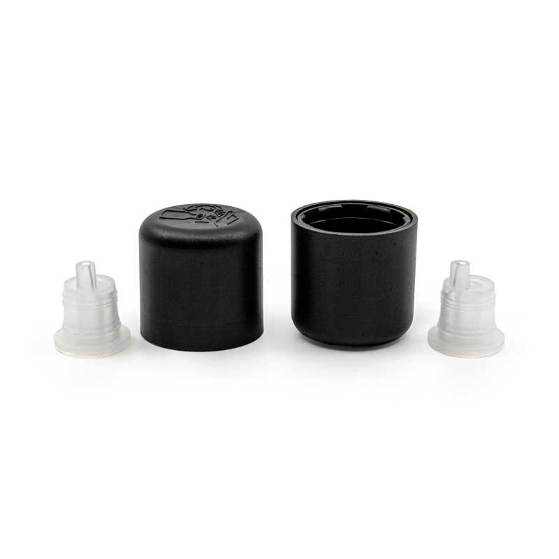 Plastic dropper for glass vials, 18 mm, short. Placed in the neck of the bottle.
 Black plastic safety cap suitable for bottle with neck diameter 18 mm. The ca