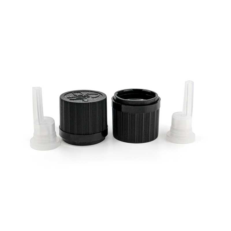 Plastic dropper for glass vials, 18 mm, long. Placedin the neck of the bottle.Black plastic cap with lock suitable for bottle with neck diameter 18 mm. The cap 