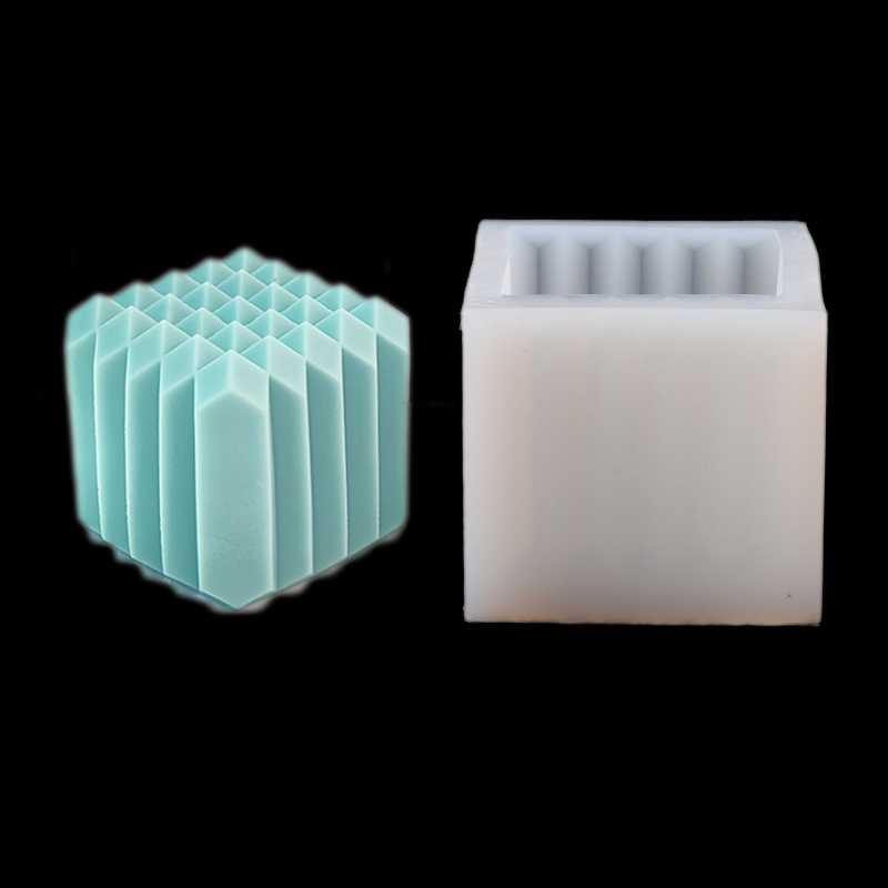Silicone cube shaped candle mould. Pour it with waxes that are designed for freestanding candles.
Silicone molds are very flexible and can be used to cast a va