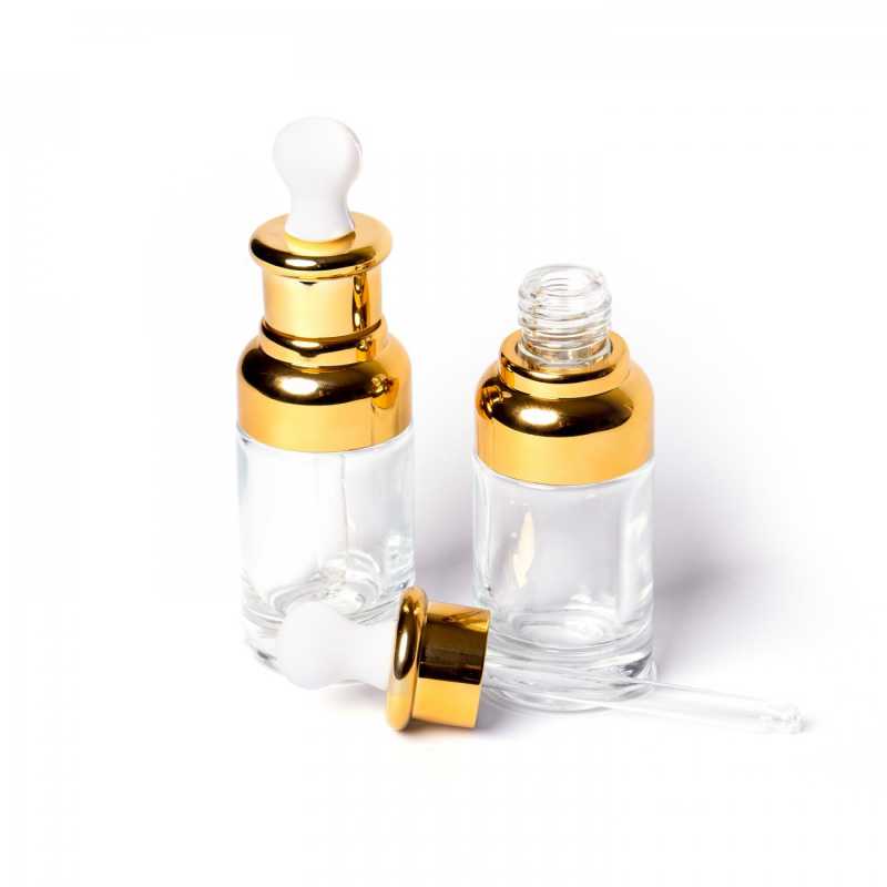 Luxurious thick glass bottle with gold coloured lid and dropper, suitable for oils, essential oils and liquid serums.Volume: 20 mlHeight: 10 cm
Bottle size: 7,