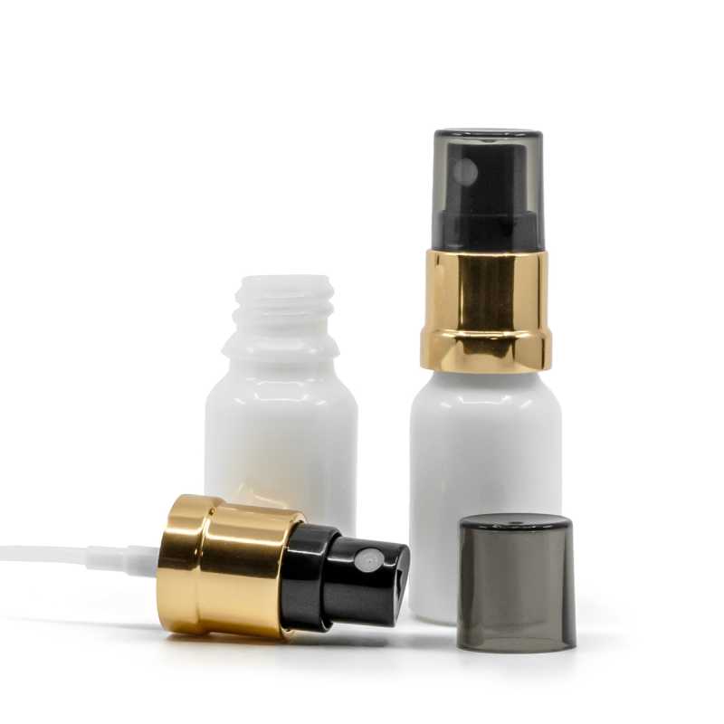 White Glass Bottle, Glossy Gold Black Spray, Smoky Overcap, 10 ml