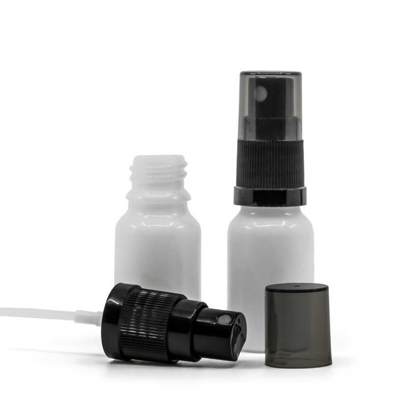 White Glass Bottle, Black Fine Mist Sprayer, Smoky Overcap, 10 ml