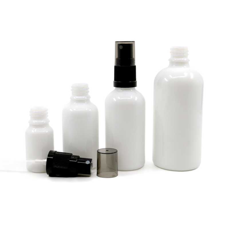 White Glass Bottle, Black Fine Mist Sprayer, Smoky Overcap, 10 ml