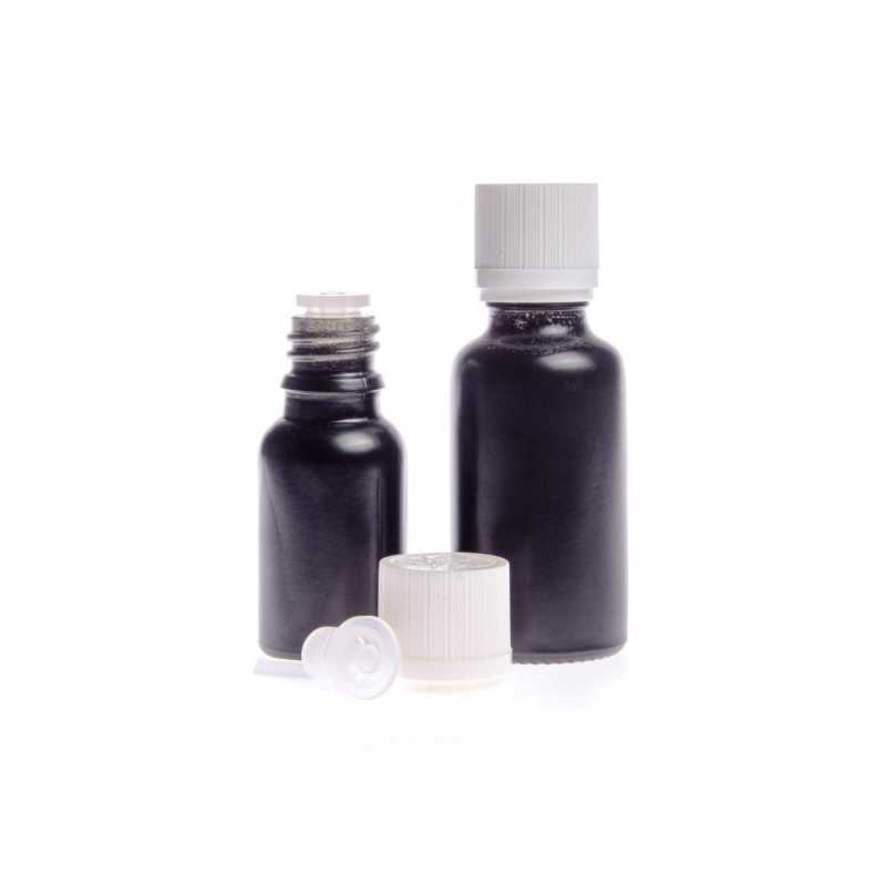 Theglass bottle, the so-called vial, is made of thick glass in black matt finish. It is used for storing liquids, which, thanks to its colour, it effectively pr