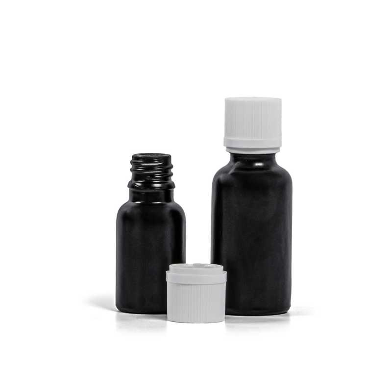 Theglass bottle, the so-called vial, is made of thick glass in black matt finish. It is used for storing liquids, which, thanks to its colour, it effectively pr