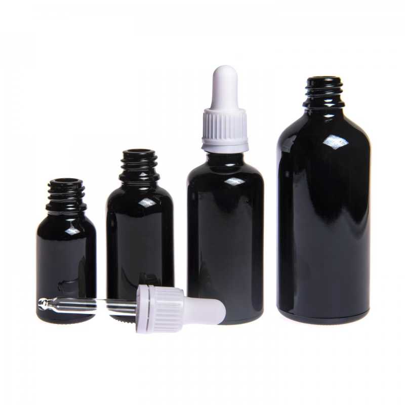 Theglass bottle, the so-called vial, is made of high quality black glass with a glossy surface. This ensures that light does not penetrate the bottle and thus p
