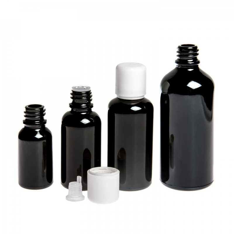 Theglass bottle, the so-called vial, is made of high quality black glass with a glossy surface. This ensures that light does not penetrate the bottle and thus p