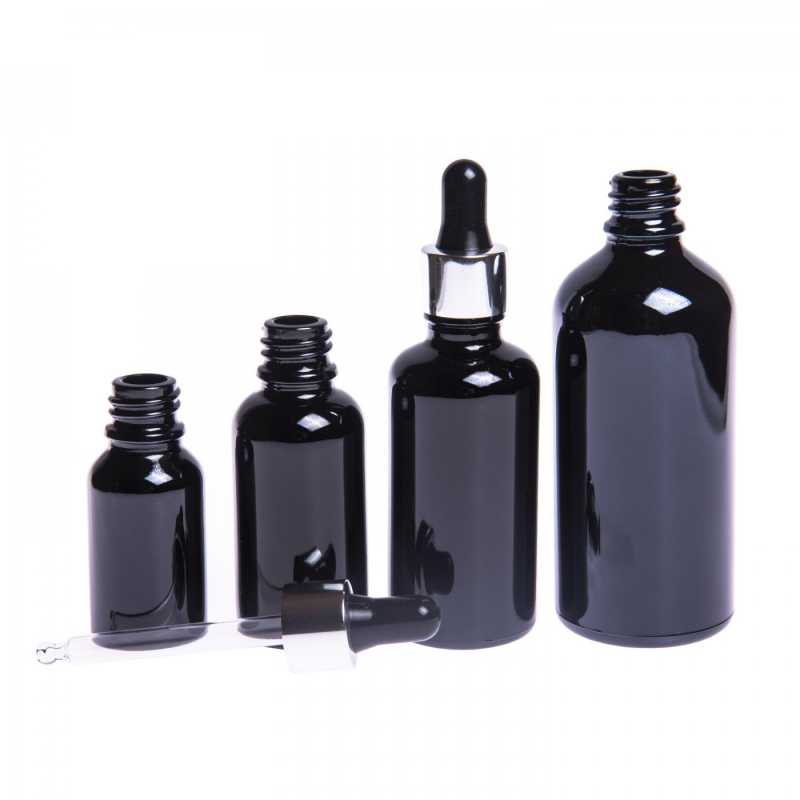 Theglass bottle, the so-called vial, is made of high quality black glass with a glossy surface. This ensures that light does not penetrate the bottle and thus p