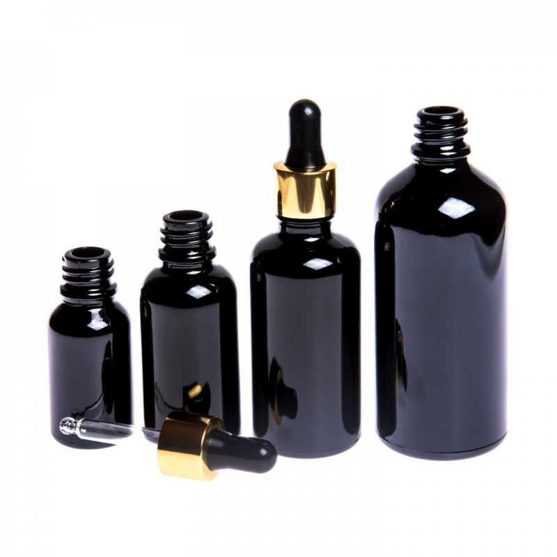 Theglass bottle, the so-called vial, is made of high quality black glass with a glossy surface. This ensures that light does not penetrate the bottle and thus p