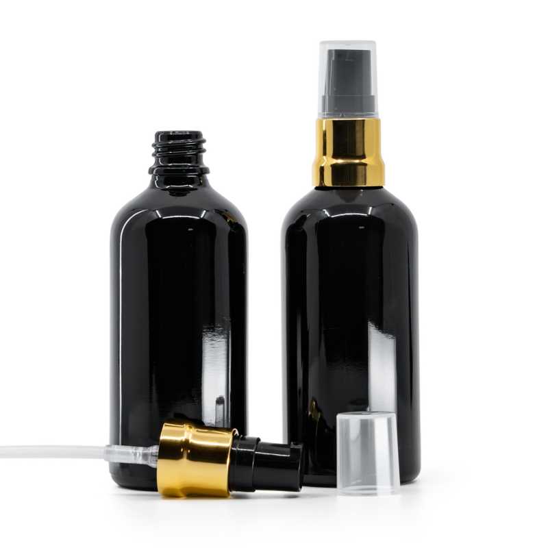  Gloss Black Glass Bottle, Glossy Gold Black Pump With Clear Overcap, 100 ml