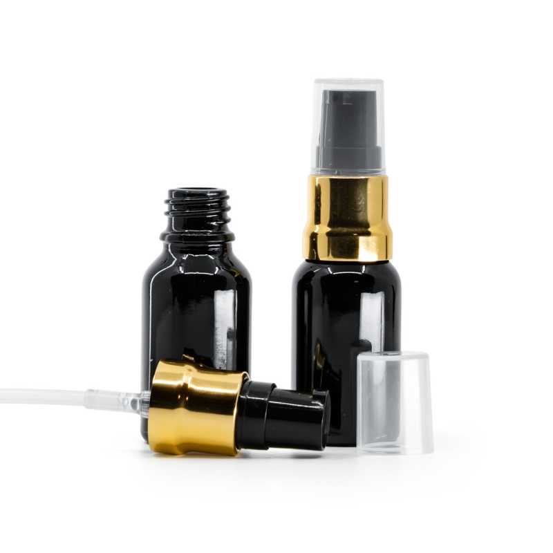  Gloss Black Glass Bottle, Glossy Gold Black Pump With Clear Overcap, 15 ml