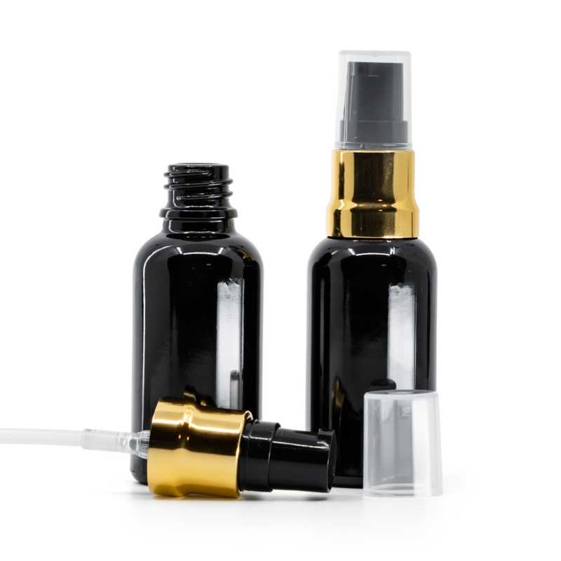  Gloss Black Glass Bottle, Glossy Gold Black Pump With Clear Overcap, 30 ml