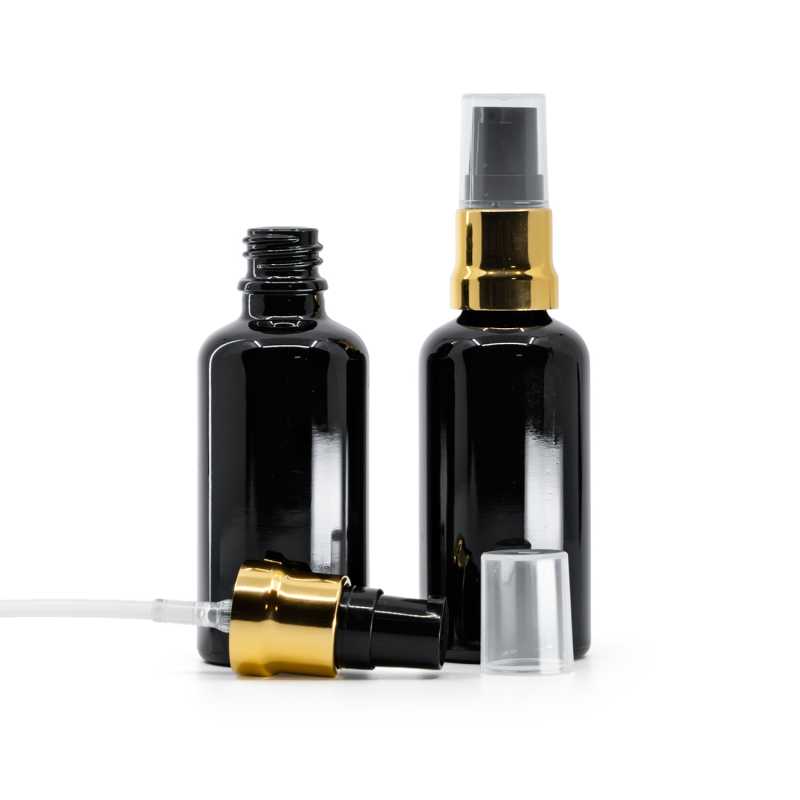  Gloss Black Glass Bottle, Glossy Gold Black Pump With Clear Overcap, 50 ml
