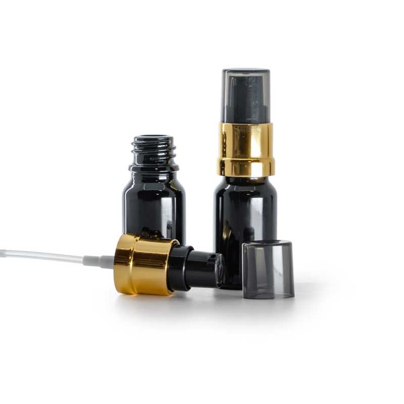  Gloss Black Glass Bottle, Glossy Golden Black Pump with Smoky Overcap, 10 ml