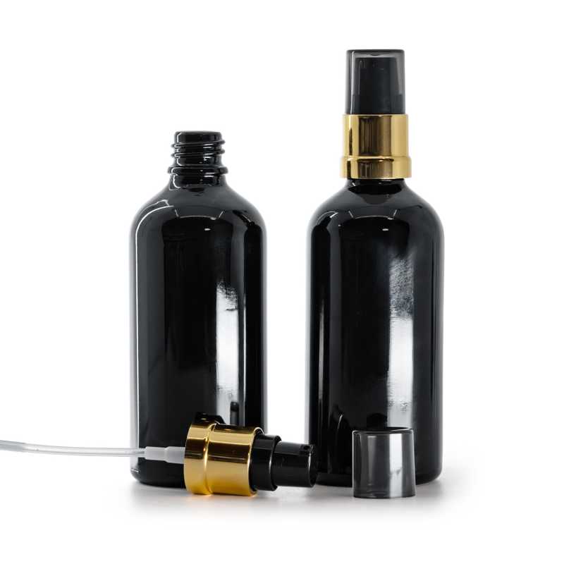  Gloss Black Glass Bottle, Glossy Golden Black Pump with Smoky Overcap, 100 ml