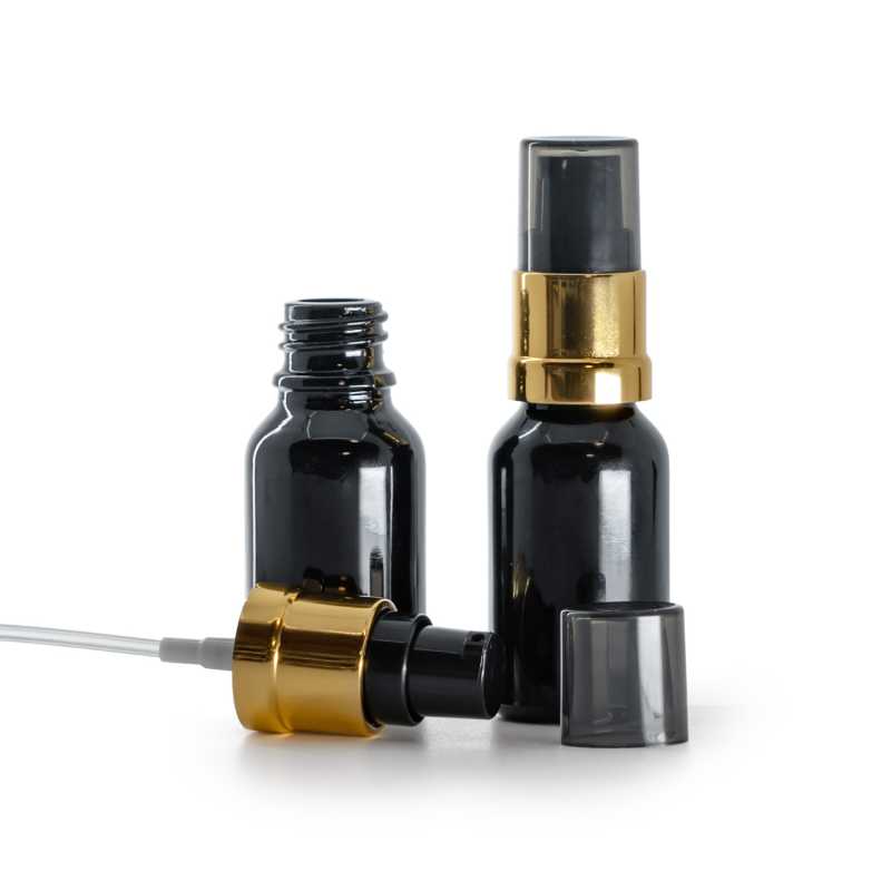  Gloss Black Glass Bottle, Glossy Golden Black Pump with Smoky Overcap, 15 ml