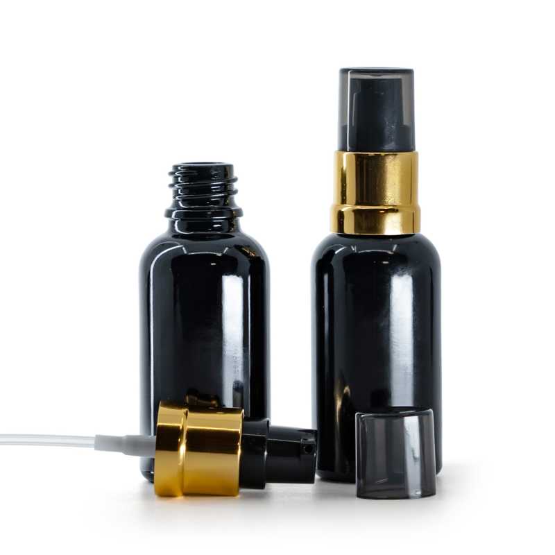  Gloss Black Glass Bottle, Glossy Golden Black Pump with Smoky Overcap, 30 ml
