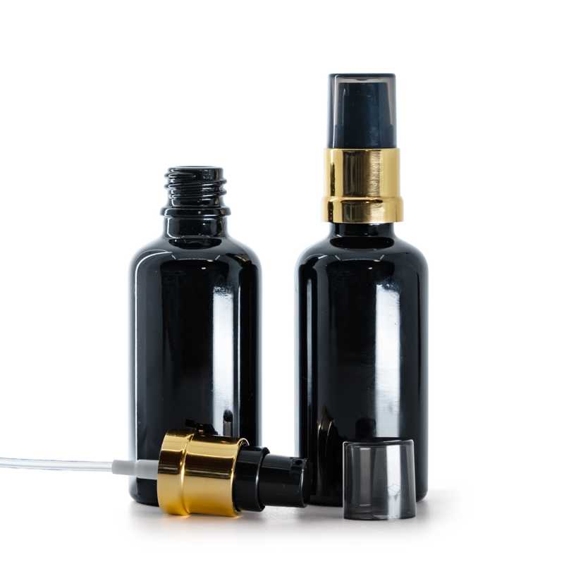 Gloss Black Glass Bottle, Glossy Golden Black Pump with Smoky Overcap, 50 ml