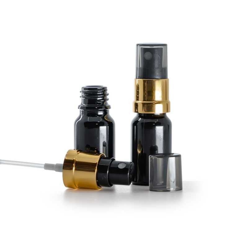 Gloss Black Glass Bottle, Glossy Gold Black Spray, Smoky Overcap, 10 ml