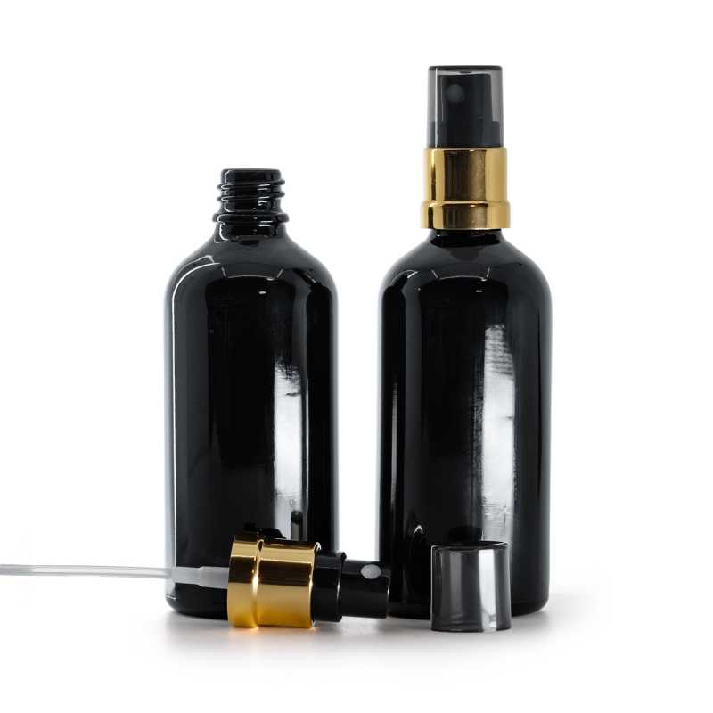 Gloss Black Glass Bottle, Glossy Gold Black Spray, Smoky Overcap, 100 ml