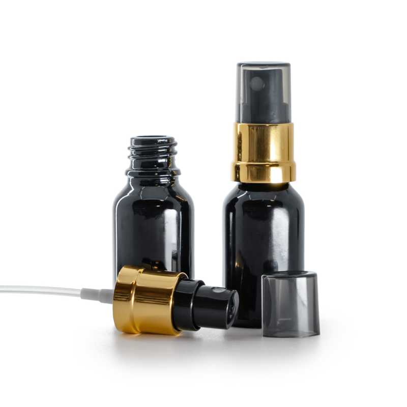 Gloss Black Glass Bottle, Glossy Gold Black Spray, Smoky Overcap, 15 ml