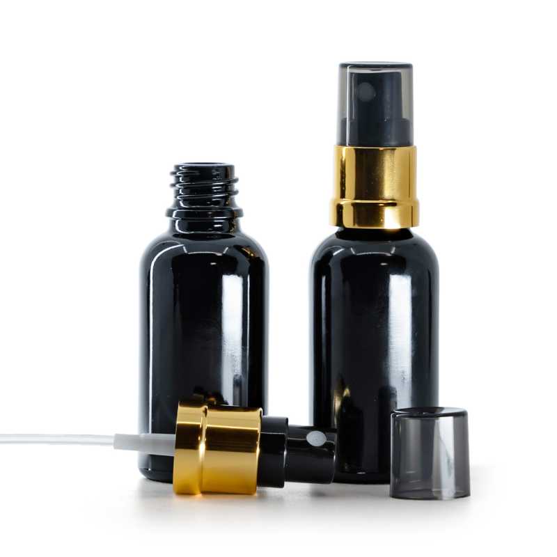 Gloss Black Glass Bottle, Glossy Gold Black Spray, Smoky Overcap, 30 ml