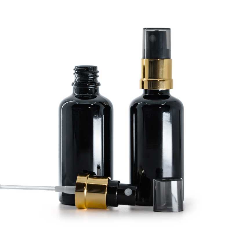 Gloss Black Glass Bottle, Glossy Gold Black Spray, Smoky Overcap, 50 ml