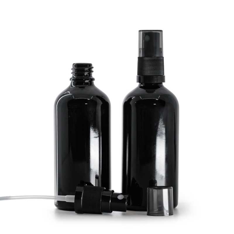Gloss Black Glass Bottle, Black Fine Mist Sprayer, Smoky Overcap, 100 ml
