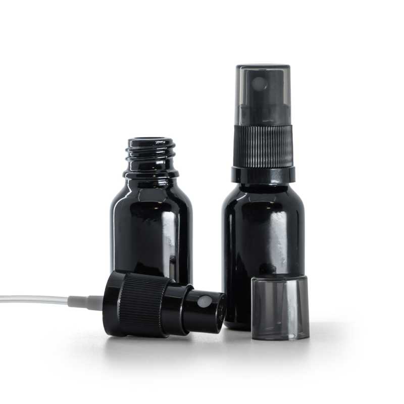 Gloss Black Glass Bottle, Black Fine Mist Sprayer, Smoky Overcap, 15 ml
