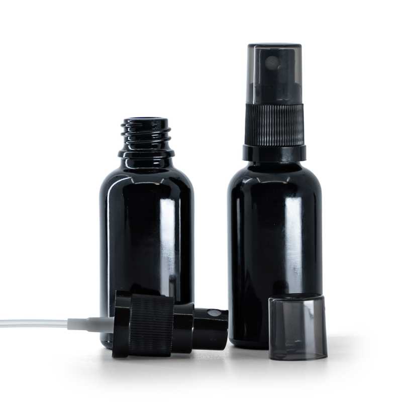 Gloss Black Glass Bottle, Black Fine Mist Sprayer, Smoky Overcap, 30 ml