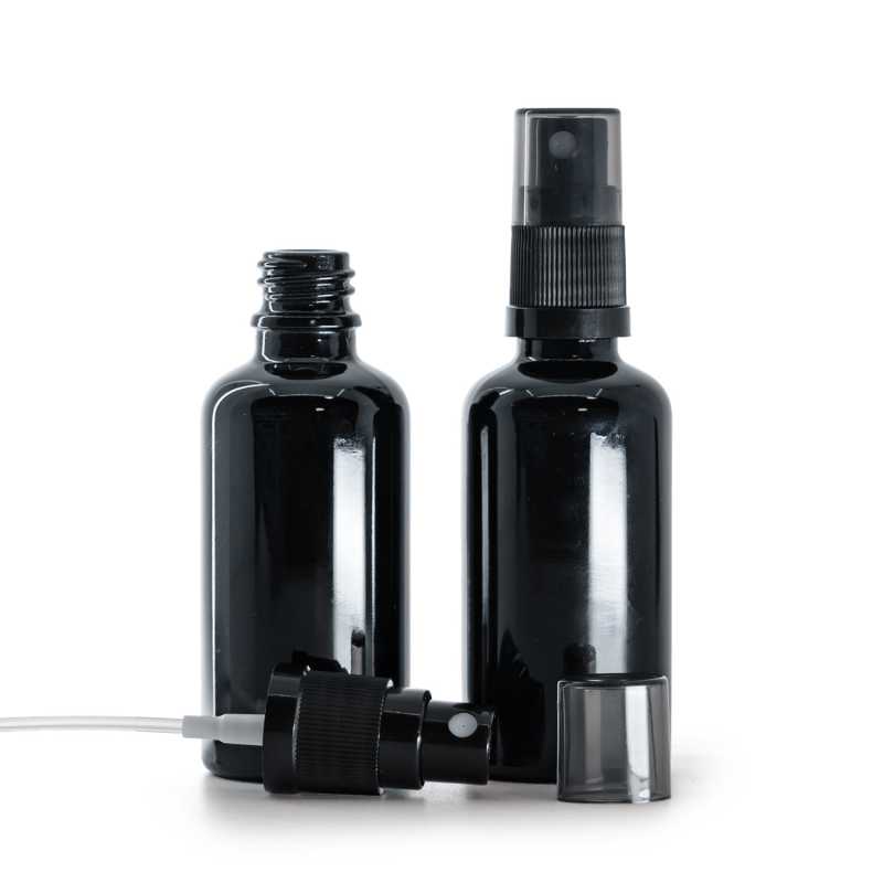 Gloss Black Glass Bottle, Black Fine Mist Sprayer, Smoky Overcap, 50 ml