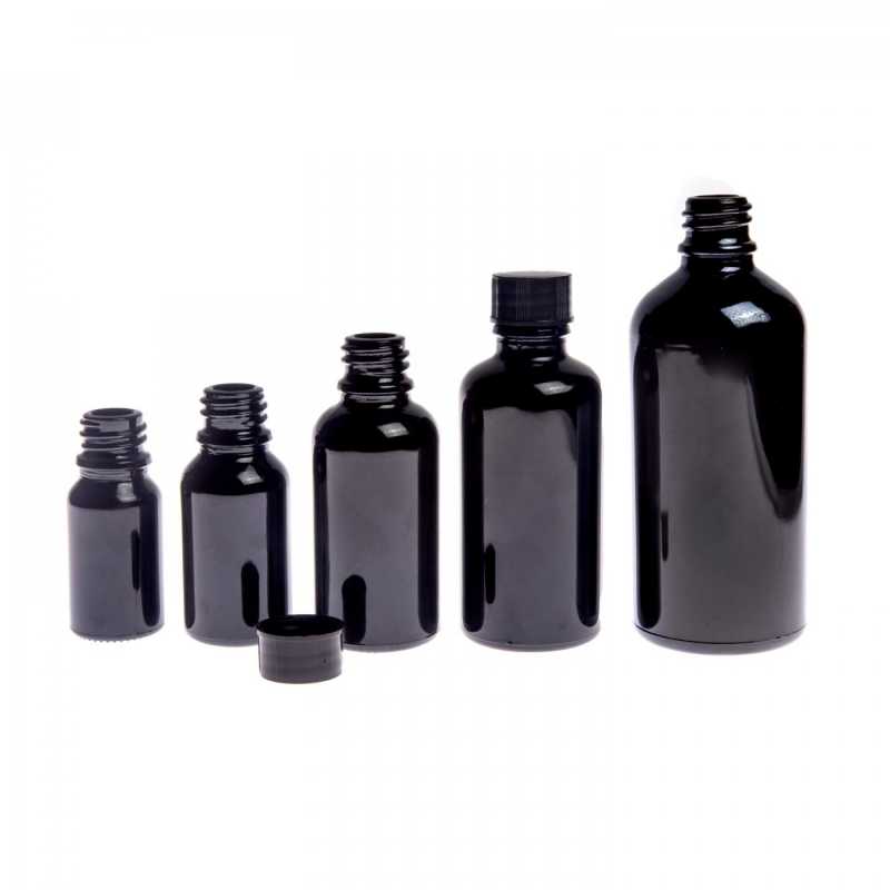 Theglass bottle, the so-called vial, is made of high quality black glass with a glossy surface. This ensures that light does not penetrate the bottle and thus p