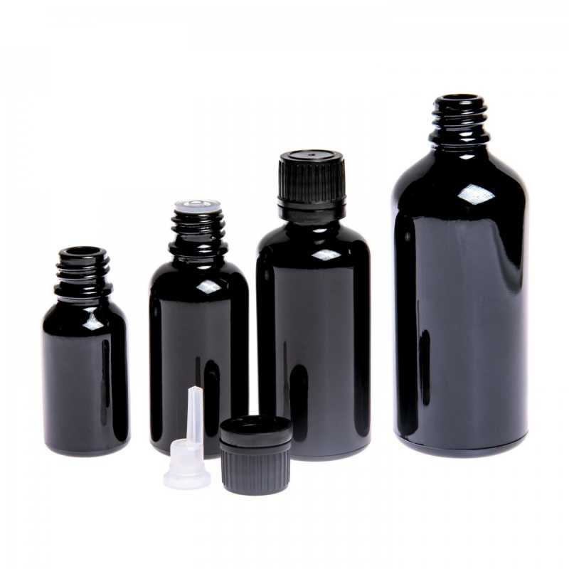 Theglass bottle, the so-called vial, is made of high quality black glass with a glossy surface. This ensures that light does not penetrate the bottle and thus p