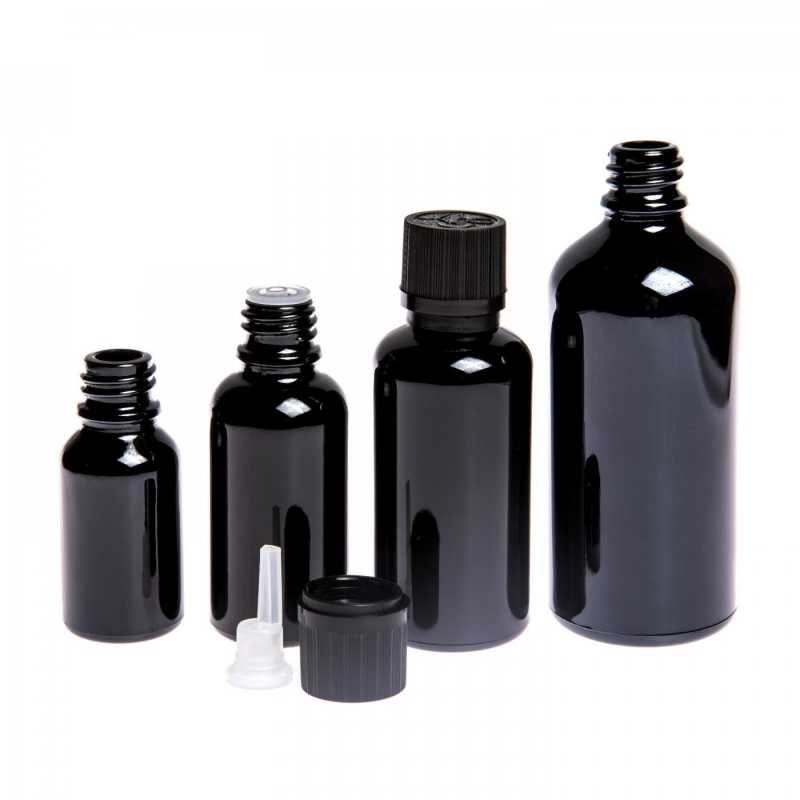 Theglass bottle, the so-called vial, is made of high quality black glass with a glossy surface. This ensures that light does not penetrate the bottle and thus p