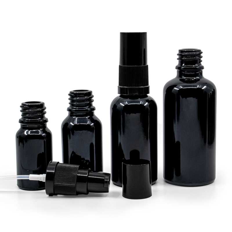 Theglass bottle, the so-called vial, is made of high quality black glass with a glossy surface. This ensures that light does not penetrate the bottle and thus p
