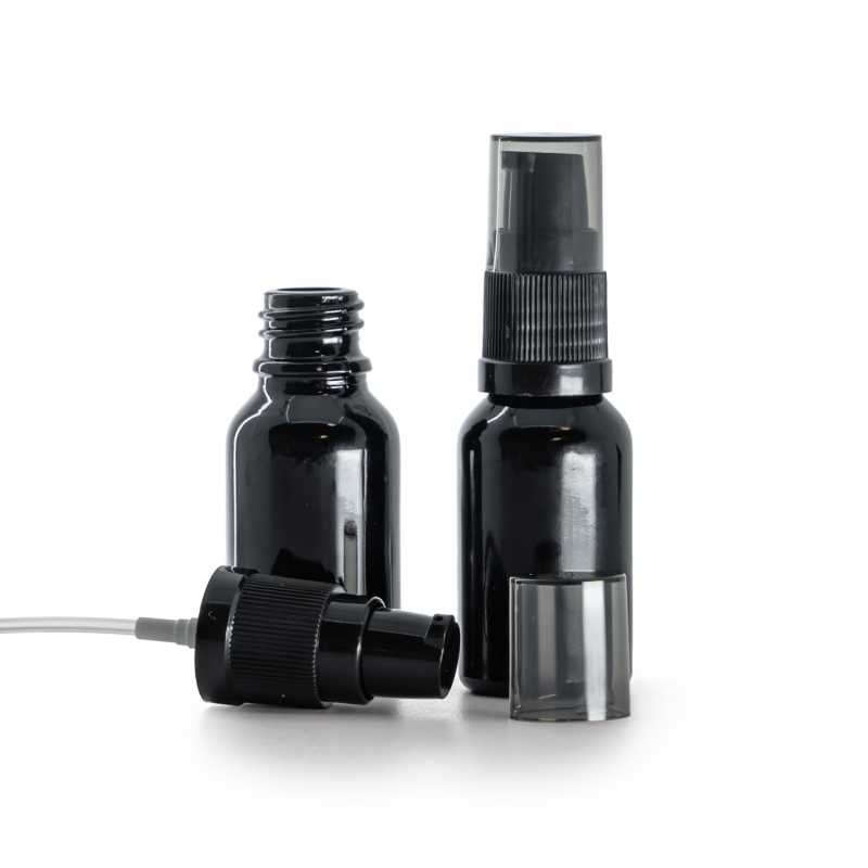 Gloss Black Glass Bottle, Lotion Pump with Smoky Overcap, 15 ml