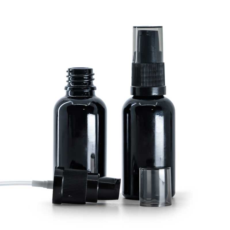 Gloss Black Glass Bottle, Lotion Pump with Smoky Overcap, 30 ml