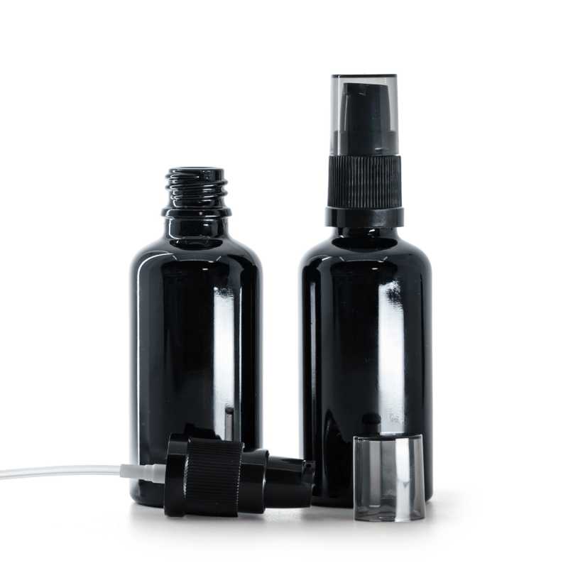 Gloss Black Glass Bottle, Lotion Pump with Smoky Overcap, 50 ml