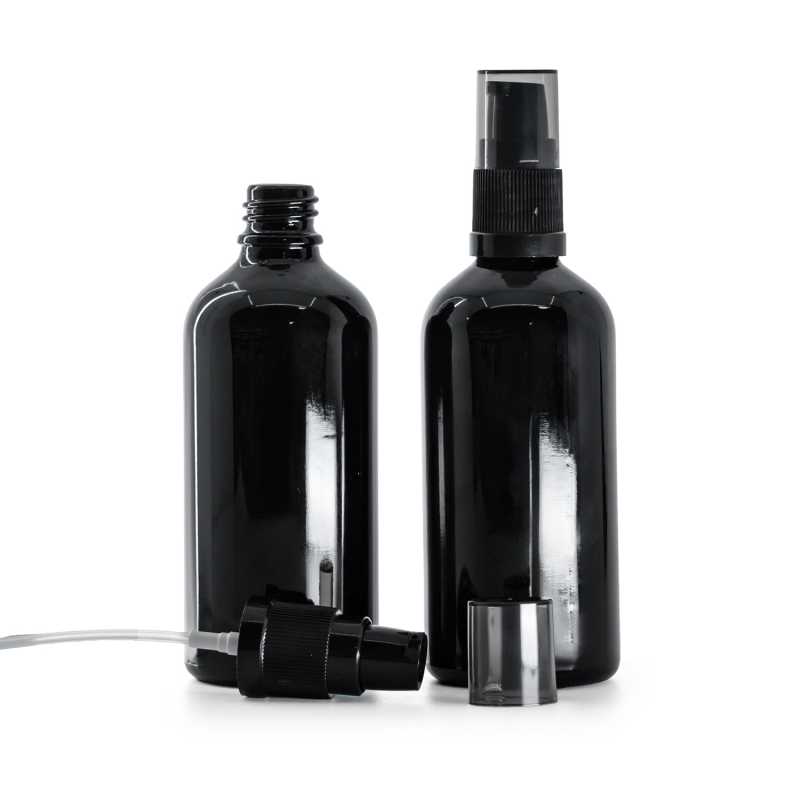 Gloss Black Glass Bottle, Lotion Pump with Smokey Overcap, 100 ml