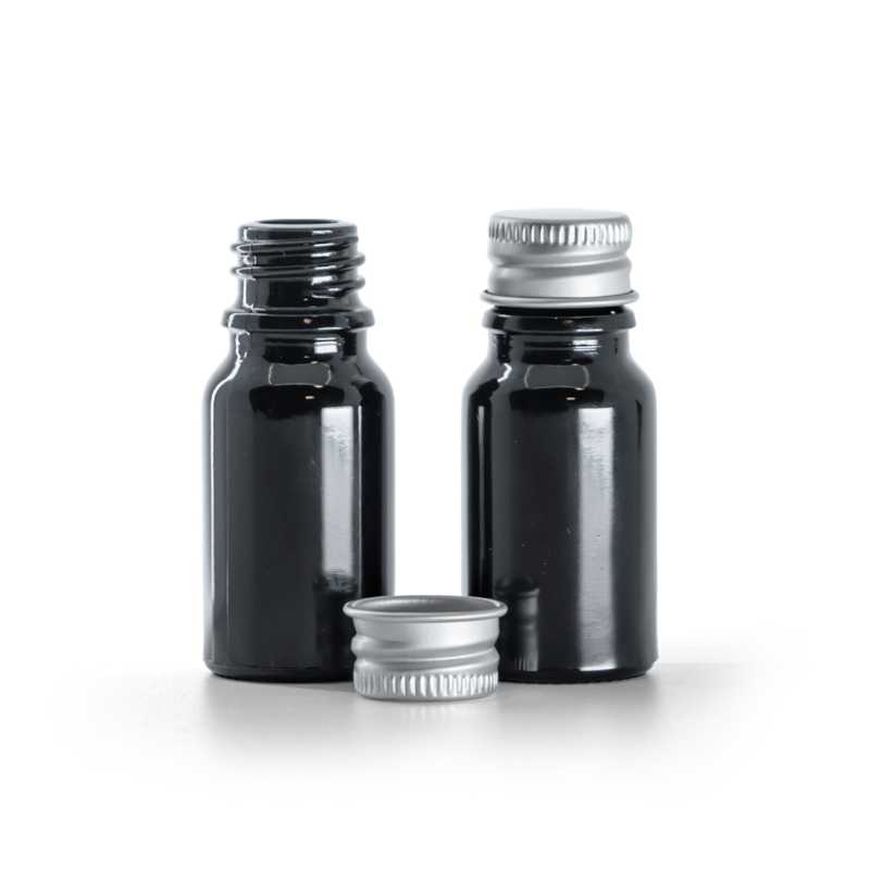 Gloss Black Glass Bottle, Silver Aluminium Cap, 10 ml