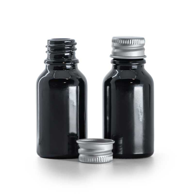 Gloss Black Glass Bottle, Silver Aluminium Cap, 15 ml