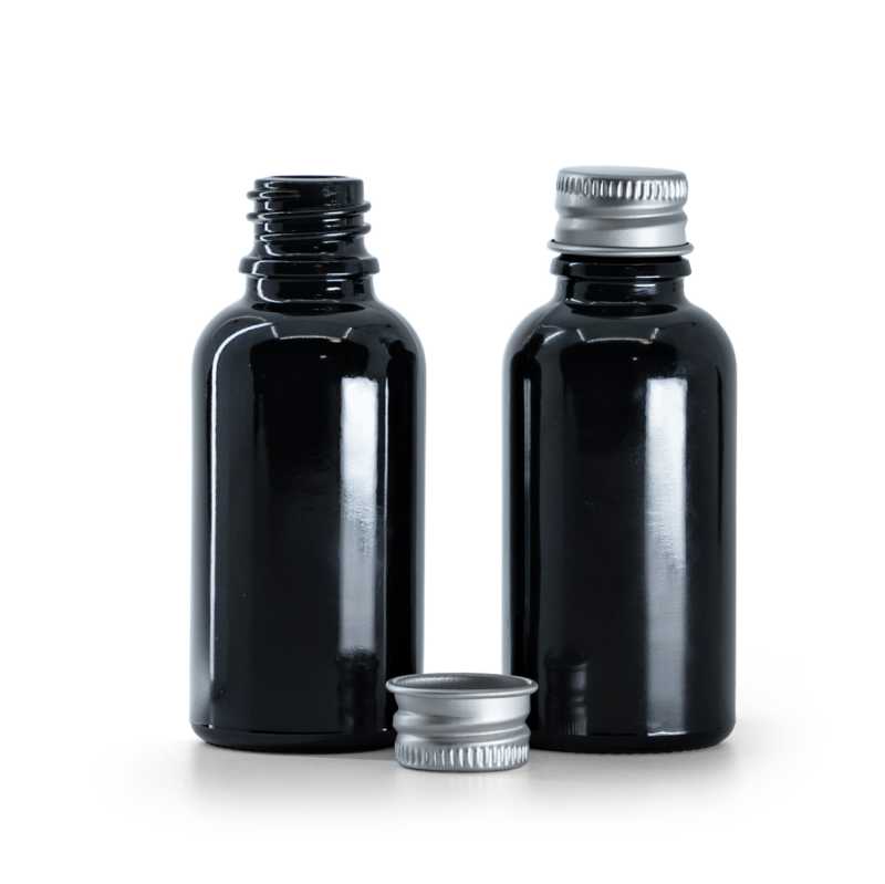 Gloss Black Glass Bottle, Silver Aluminium Cap, 30 ml