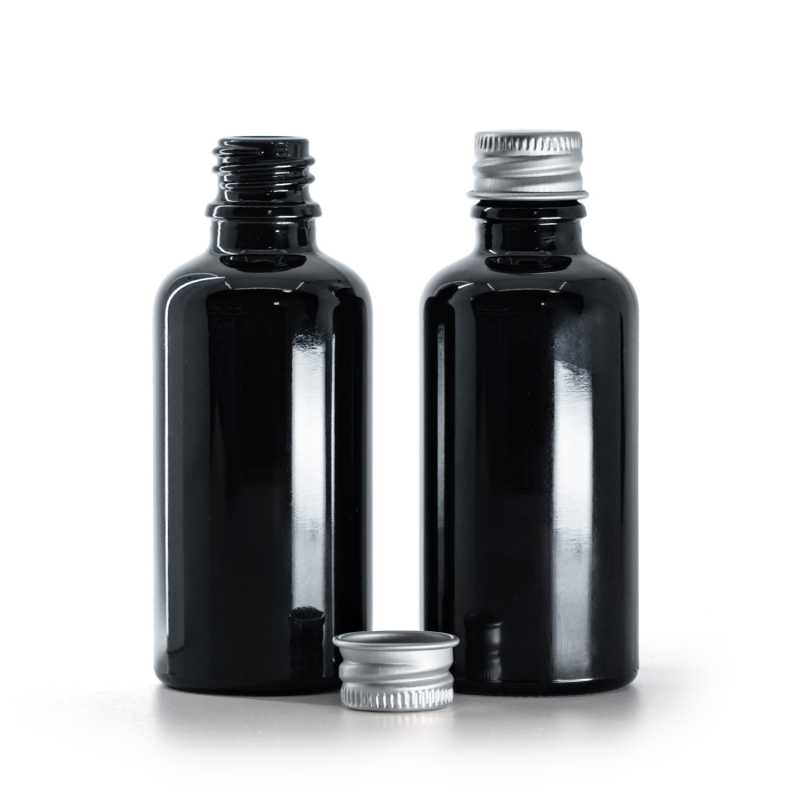 Gloss Black Glass Bottle, Silver Aluminium Cap, 50 ml