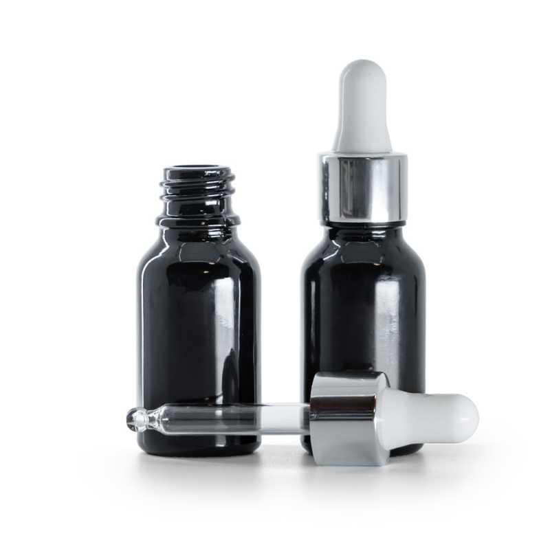 Gloss Black Glass Bottle, Glossy Silver Dropper, 15 ml