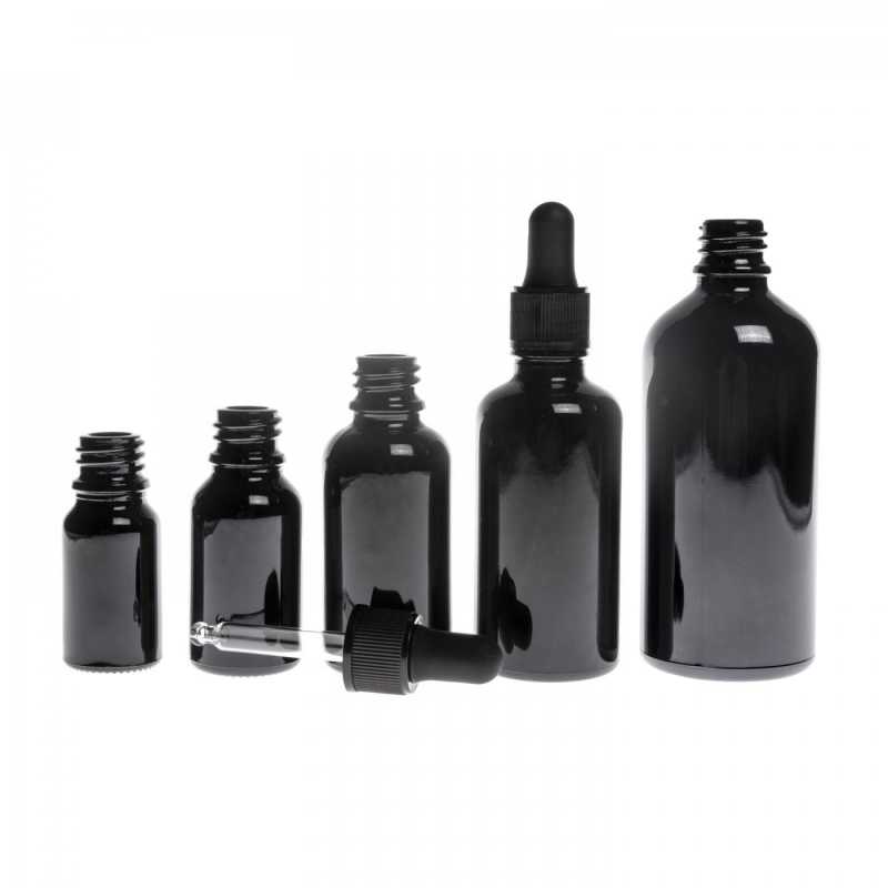 Theglass bottle, the so-called vial, is made of high quality black glass with a glossy surface. This ensures that light does not penetrate the bottle and thus p