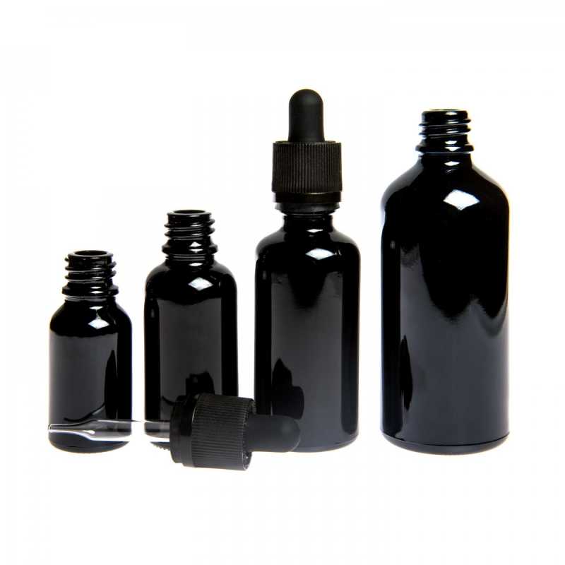 Theglass bottle, the so-called vial, is made of high quality black glass with a glossy surface. Thanks to this, it does not transmit light into the bottle and t